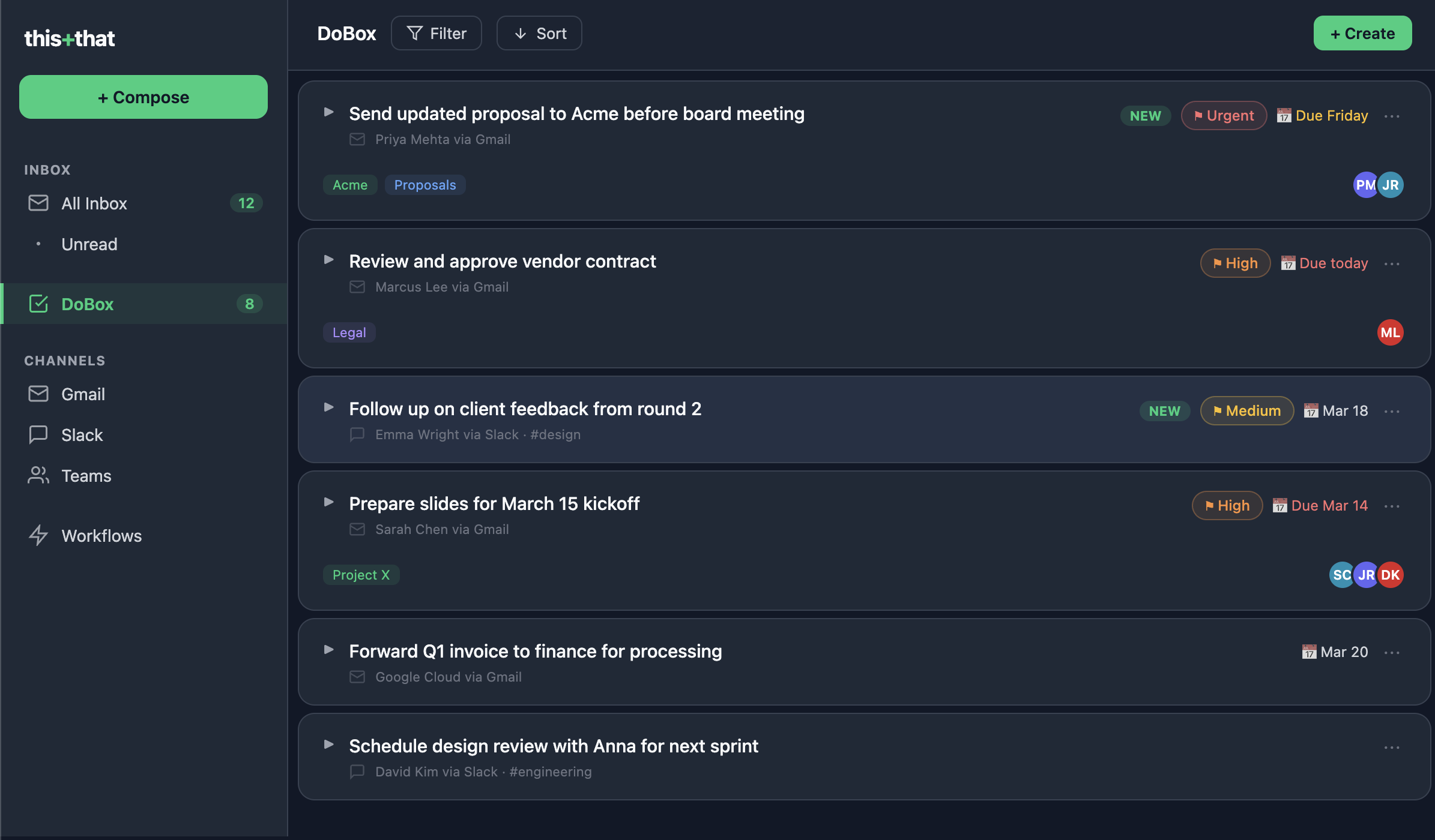 The DoBox: a full task manager with priorities, assignments, and due dates — every task linked to its source conversation