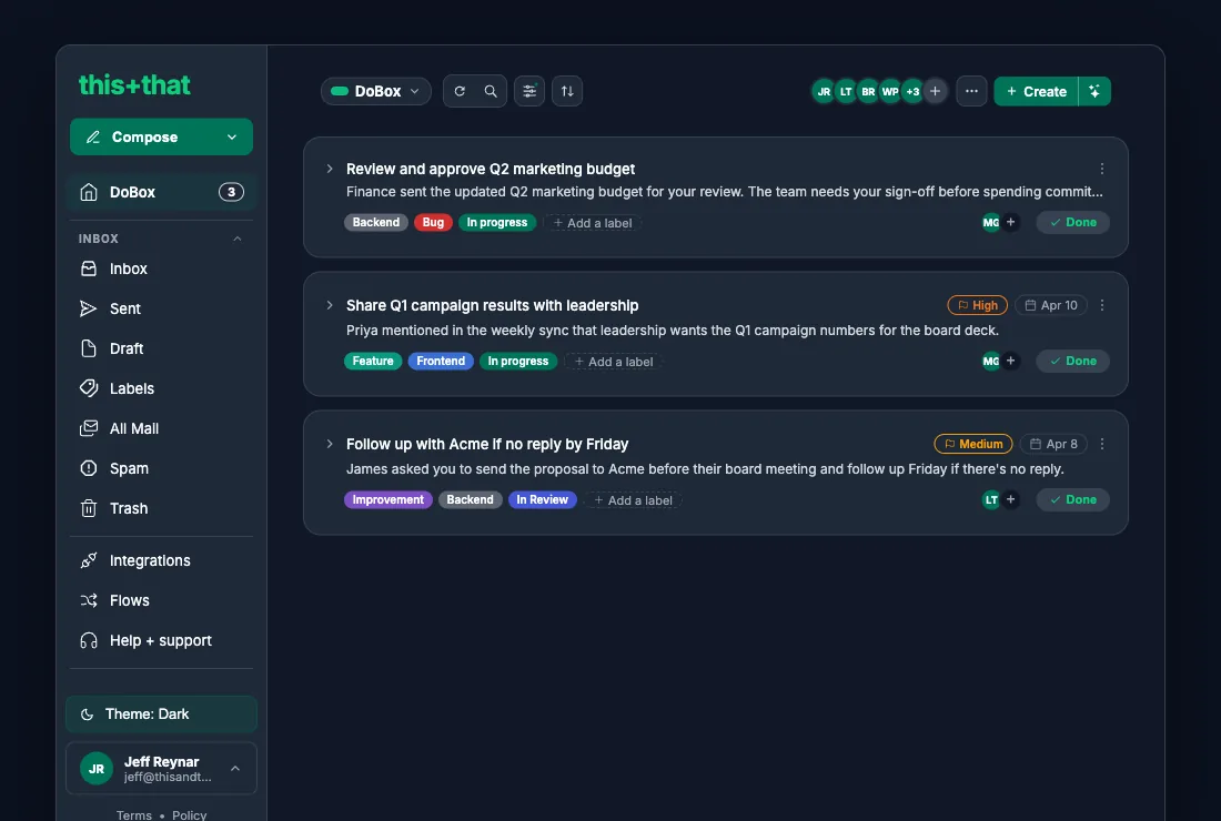 The DoBox: a full task manager with priorities, assignments, and due dates, every task linked to its source conversation
