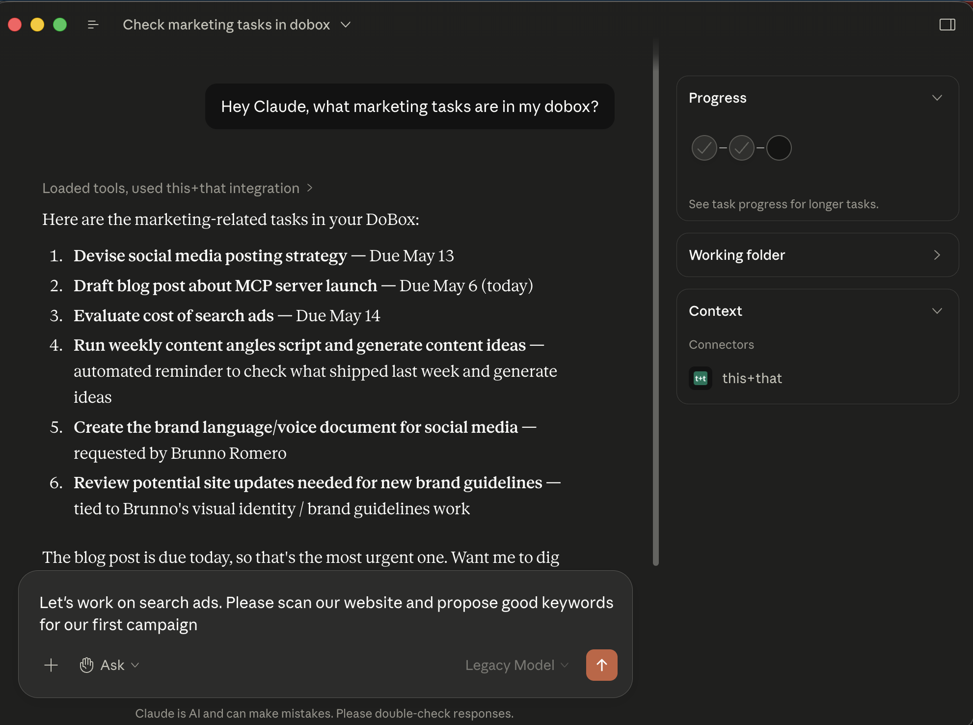 A this+that DoBox query answered inside Claude Desktop