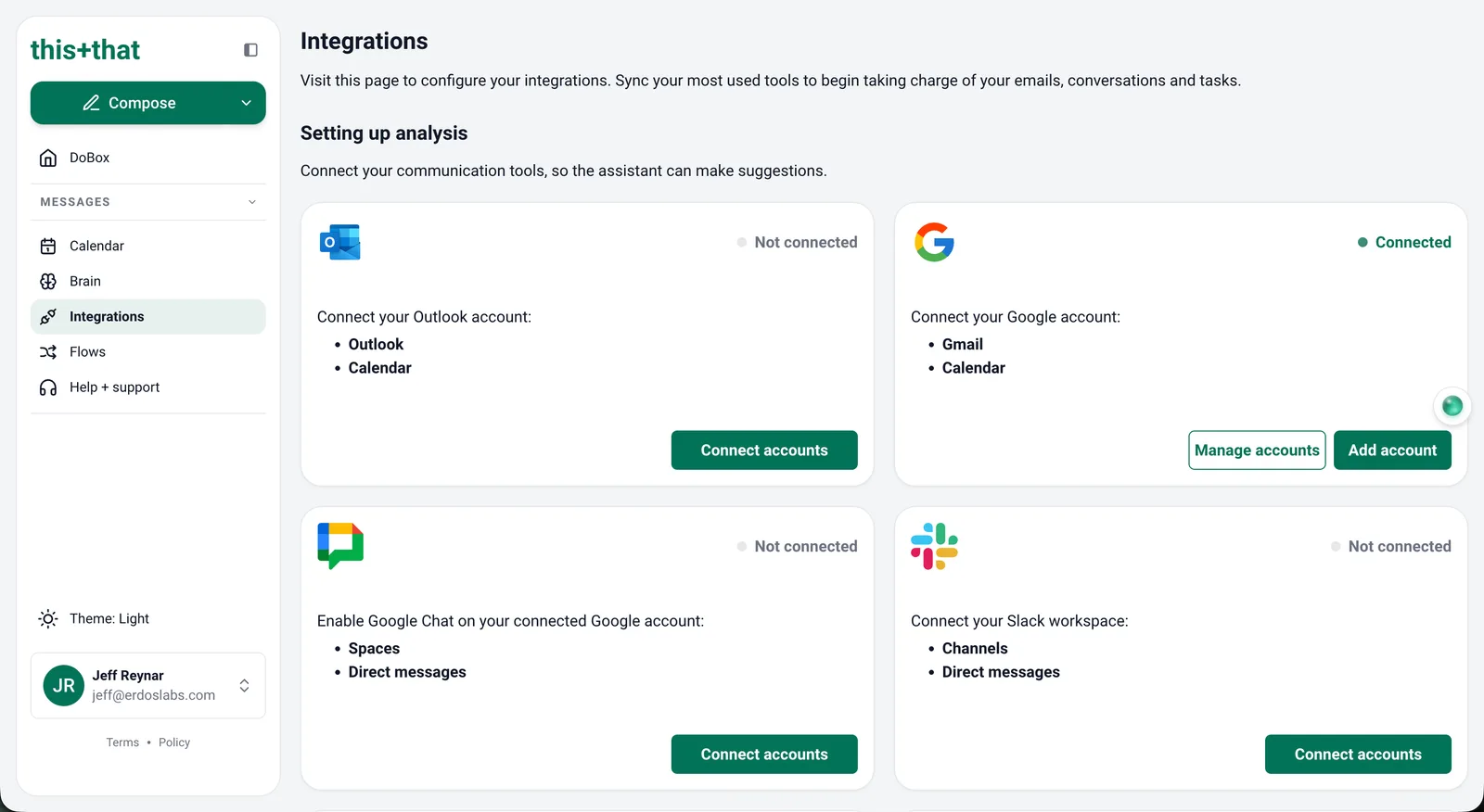 The Integrations page, Setting up analysis section