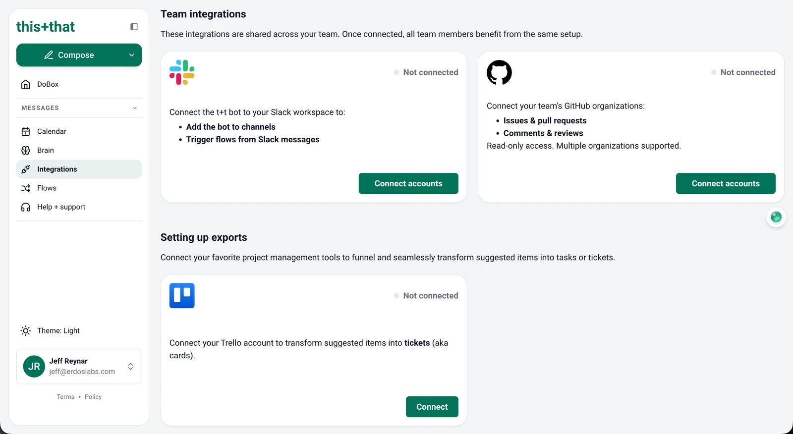 The Integrations page, Team integrations