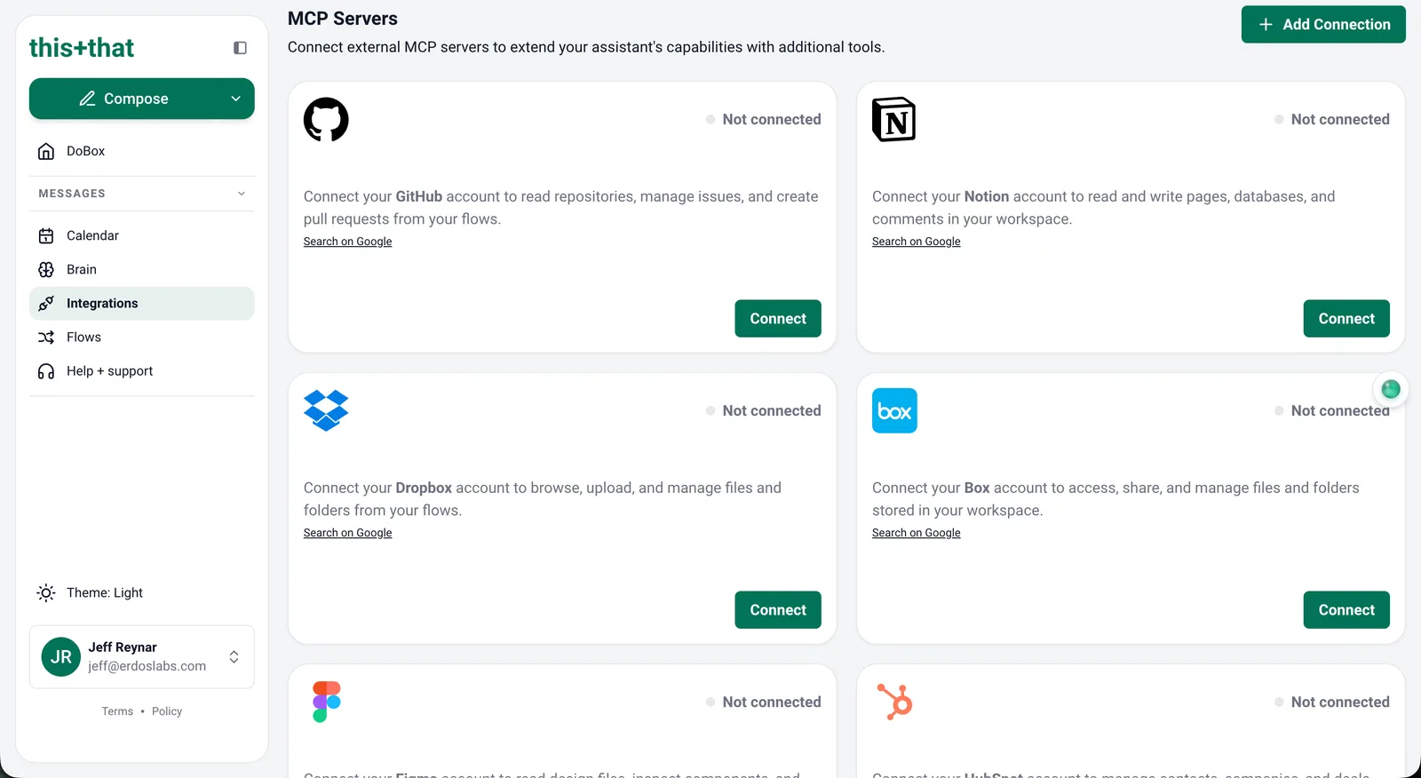 The MCP Servers section with one-click connections