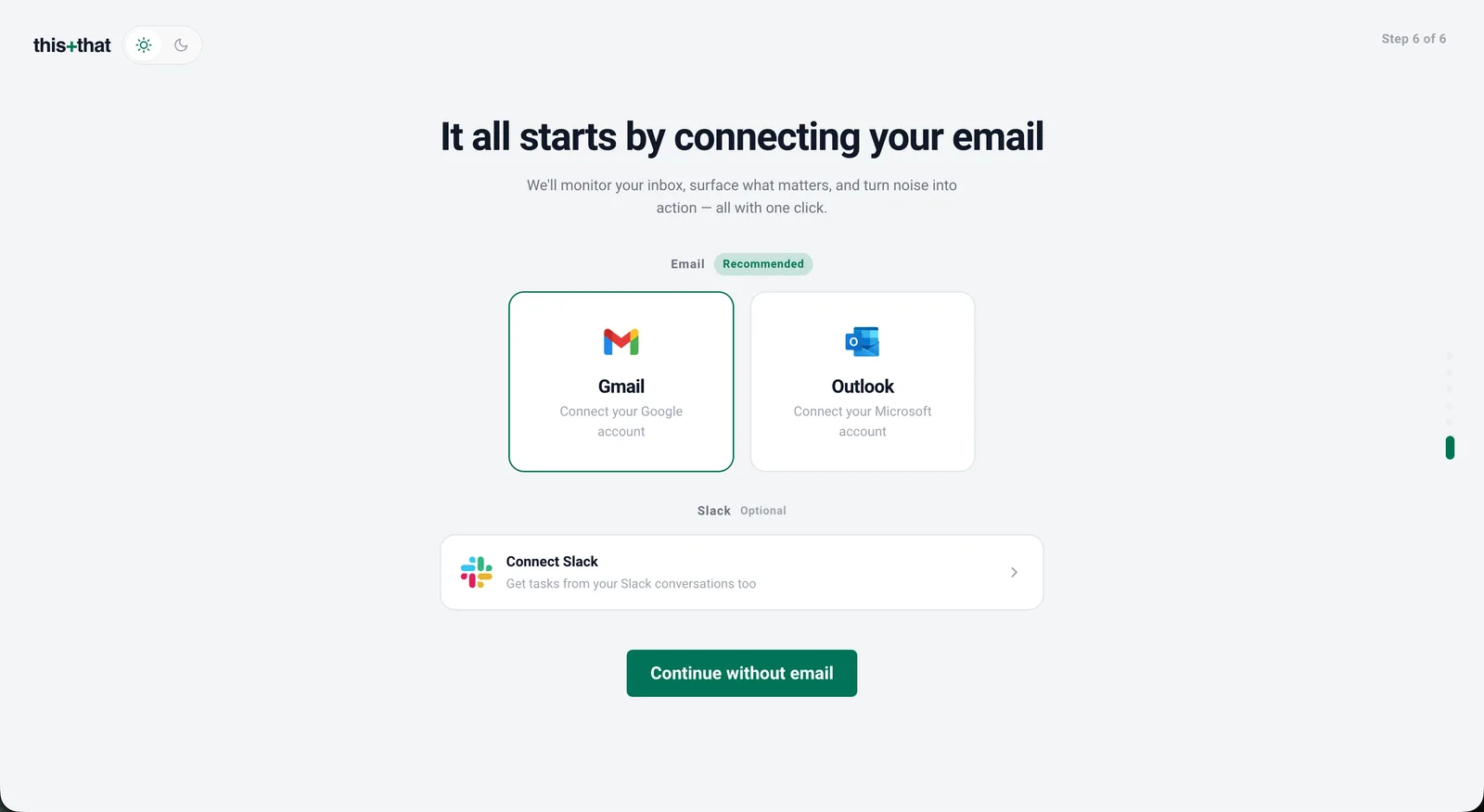 The onboarding step for connecting your email