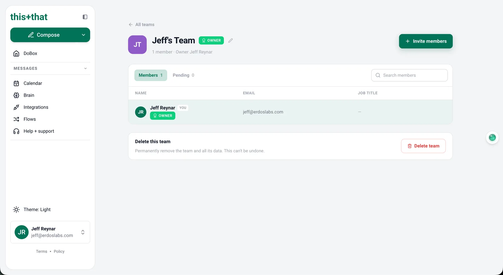 The Team hub with your team and members