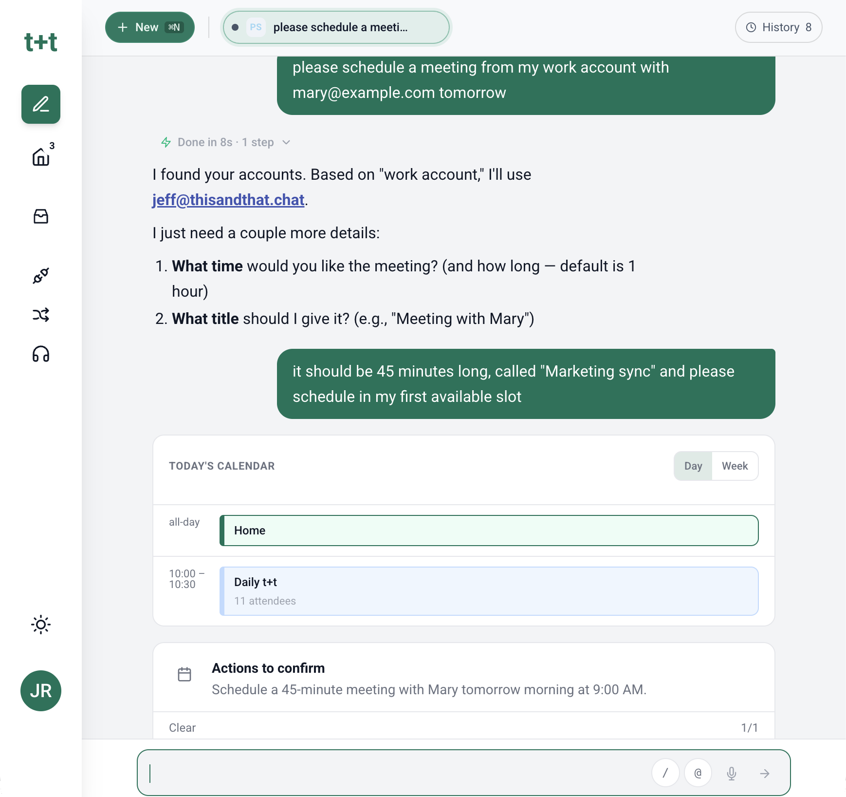 The this+that assistant responding to a question with a calendar invite card and a DoBox task card inside the universal inbox